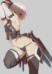 Rule 34 | 1girl, arm wrap, armpits, arms up, black gloves, black panties, black thighhighs, boots, breasts, cleavage, cleavage cutout, clothing cutout, crop top, fate/apocrypha, fate (series), fingerless gloves, gloves, green eyes, grey background, grin, jack the ripper (fate/apocrypha), kibadori rue, leg up, looking away, midriff, navel, panties, scar, scar across eye, scar on face, short hair, simple background, small breasts, smile, solo, stitches, string panties, thigh boots, thighhighs, underwear, weapon, white hair