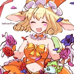 Rule 34 | 1girl, alonemistrist, animal ears, annelie (dragalia lost), bare shoulders, blonde hair, closed eyes, crop top, dragalia lost, facial mark, facing viewer, flower, gloves, midriff, navel, open mouth, petals, rabbit ears, short hair, solo, upper body, white background, white gloves