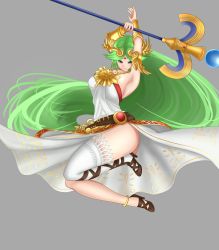 Rule 34 | 1girl, absurdly long hair, ancient greek clothes, arms up, attack, belt, breasts, curvy, dress, forehead jewel, greco-roman clothes, green eyes, green hair, hair flowing over, highres, holding, holding staff, jaxdraws, jaxdrawz, jewelry, jumping, kid icarus, kid icarus uprising, large breasts, long hair, matching hair/eyes, nintendo, palutena, parted bangs, pendant, pendant choker, sandals, single thighhigh, staff, strapless, strapless dress, thigh gap, thighhighs, tiara, very long hair, white dress, white thighhighs