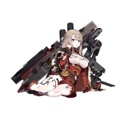 Rule 34 | 1girl, blue eyes, boots, breasts, brown hair, burnt clothes, cannon, cleavage, flight deck, full body, graphite (medium), impero (warship girls r), jacket, large breasts, long hair, military jacket, official art, open mouth, rain lan, solo, thighhighs, torn clothes, torn thighhighs, traditional media, warship girls r, white background