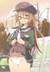 Rule 34 | 1girl, argyle, argyle clothes, argyle skirt, blurry, blush, bow, bow panties, brown eyes, brown hair, caburi aki, clothes lift, commentary request, cowboy shot, crescent, crescent pin, day, depth of field, hat, kantai collection, lifted by self, long hair, long sleeves, looking at viewer, mochizuki (kancolle), necktie, nose blush, open mouth, outdoors, panties, school uniform, serafuku, sidelocks, skirt, skirt lift, solo, sweat, underwear, white necktie, white panties