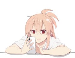 Rule 34 | 1girl, akino sora, cellphone, closed mouth, collared shirt, commentary request, hair between eyes, highres, holding, holding phone, looking away, original, phone, pink hair, red eyes, shirt, short sleeves, simple background, smile, solo, upper body, white background, white shirt