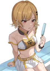 Rule 34 | 1girl, bikini, black nails, blonde hair, blush, breasts, collarbone, covered collarbone, ear piercing, earrings, food, hair ornament, hairclip, hand up, haruyuki (gffewuoutgblubh), holding, holding food, idolmaster, idolmaster shiny colors, jewelry, looking away, nail polish, on bench, parted bangs, parted lips, piercing, popsicle, red eyes, saijo juri, see-through, short sleeves, simple background, sitting, small breasts, solo, sweat, swimsuit, white background, white bikini