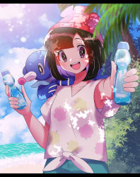 Rule 34 | 1girl, :d, beanie, black hair, blush, cloud, commentary request, creatures (company), day, game freak, gen 7 pokemon, green shorts, hat, highres, holding, looking at viewer, nintendo, open mouth, outdoors, outstretched arm, palm tree, pokemon, pokemon (creature), pokemon sm, popplio, red headwear, rinka na31415, selene (pokemon), shirt, short hair, short sleeves, shorts, sky, smile, summer, teeth, tied shirt, tongue, tree, upper teeth only, water
