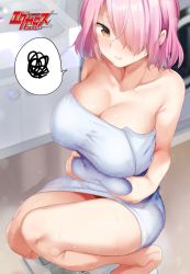 Rule 34 | 1girl, blush, breasts, brown eyes, cleavage, completely nude, dokyuu hentai hxeros, large breasts, naked towel, no bra, no panties, nude, official art, pink hair, ryouma (galley), shiny skin, shirayuki maihime, topless, towel, weighing scale, weight conscious
