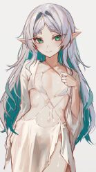 Rule 34 | 1girl, absurdres, closed mouth, colored inner hair, cowboy shot, elf, frieren, green eyes, green hair, grey hair, hand up, highres, long hair, looking at viewer, multicolored hair, naokomama, pointy ears, simple background, smile, solo, sousou no frieren, white background