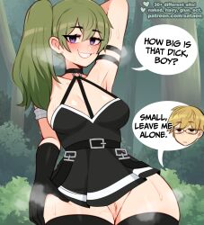 Rule 34 | 1boy, 1girl, absurdres, arm behind head, arm strap, belt, black belt, black dress, black gloves, black thighhighs, blonde hair, breasts, choker, commentary, cowboy shot, dress, english commentary, english text, glasses, gloves, green hair, grin, heavy breathing, hetero, highres, land (sousou no frieren), large breasts, long hair, looking at viewer, microdress, no panties, o-ring, o-ring choker, patreon username, portrait, purple eyes, pussy, pussy juice, sataen, seductive smile, side ponytail, smile, solo focus, sousou no frieren, speech bubble, sweat, thighhighs, ubel (sousou no frieren), uncensored, uninterested