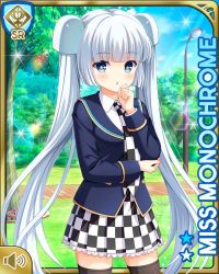Rule 34 | 1girl, :o, blue eyes, blue jacket, blunt bangs, card, character name, checker pattern, closed mouth, day, girlfriend (kari), jacket, miss monochrome, miss monochrome (character), necktie, official art, outdoors, park, qp:flapper, school uniform, shirt, skirt, solo, tagme, thighhighs, thinking, twintails, white footwear, white hair, white shirt