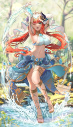 Rule 34 | 1girl, absurdres, armpits, arms up, bannou ippoutsukou, blue bow, blue gemstone, blue nails, blue skirt, blurry, blush, bow, bracer, breasts, brooch, circlet, crop top, dancer, depth of field, detached sleeves, fake horns, feet, forest, gem, genshin impact, gladiator sandals, gold footwear, gold trim, green eyes, harem outfit, highres, horns, hydrokinesis, jewelry, large breasts, leg up, legs, long hair, long sleeves, looking at viewer, low twintails, nail polish, nature, navel, neck ring, nilou (genshin impact), one eye closed, open mouth, outdoors, parted bangs, pelvic curtain, plant, pond, red hair, sandals, sideboob, skirt, smile, solo, standing, standing on one leg, stomach, tassel, thighlet, thighs, toes, twintails, veil, very long hair, vision (genshin impact), water, wet, wet hair, white headwear