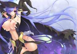 Rule 34 | 1girl, arms up, breasts, covered erect nipples, fatima, gloves, hair over one eye, hat, huge breasts, jewelry, long hair, luminous arc, luminous arc 2, nakano sora, navel, nipple slip, nipples, no bra, open mouth, purple eyes, purple hair, solo, thighhighs, witch, witch hat