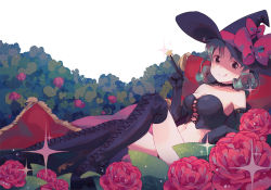 Rule 34 | 1girl, :p, black choker, black footwear, black gloves, black hat, black panties, blush, boots, breasts, brown eyes, buckle, bustier, choker, cleavage, closed mouth, cross-laced footwear, curly hair, elbow gloves, flower, gloves, green hair, hat, holding, holding wand, idolmaster, idolmaster million live!, koma tori, lace-up boots, leaf, long hair, looking at viewer, lying, medium breasts, navel, on back, panties, pink flower, pink rose, rose, signature, simple background, smile, solo, sparkle, star (symbol), tareme, thigh boots, thighhighs, tokugawa matsuri, tongue, tongue out, underwear, wand, white background, witch hat