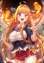 Rule 34 | 1girl, ahoge, blonde hair, blunt bangs, bow, braid, breasts, cleavage, cleavage cutout, clothing cutout, diagonal-striped bow, dragon girl, dragon horns, dragon tail, dragon wings, fang, fire, hairband, hands up, highres, hip vent, hololive, horn bow, horn ornament, horns, kiryu coco, kiryu coco (1st costume), large breasts, long hair, looking at viewer, mr.lime, multicolored hair, open mouth, orange hair, pointy ears, purple eyes, red eyes, side braid, smile, solo, tail, very long hair, virtual youtuber, wings