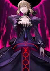 Rule 34 | 1girl, absurdres, artoria pendragon (all), artoria pendragon (fate), black dress, black ribbon, blonde hair, braid, closed mouth, commentary request, dress, excalibur morgan (fate), fate/stay night, fate (series), french braid, from below, gothic lolita, hair bun, highres, holding, holding sword, holding weapon, juliet sleeves, lolita fashion, long sleeves, looking at viewer, puffy sleeves, ribbon, saber alter, sidelocks, single hair bun, sword, weapon, yellow eyes, yoshio (55level)