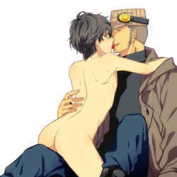 Rule 34 | 2boys, amamiya ren, ass, candy, clothed male nude male, food, iwai munehisa, kiss, lollipop, male focus, megami tensei, multiple boys, nude, persona, persona 5, sitting, sitting on person, yaoi