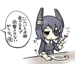 Rule 34 | 10s, 1girl, ^^^, bad id, bad pixiv id, blue hair, carrot, chibi, eyepatch, food, fork, headgear, kantai collection, necktie, personification, plate, short hair, solo, tenryuu (kancolle), translated, triangle mouth, yellow eyes, yuasan