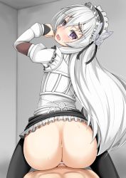 Rule 34 | 10s, 1boy, 1girl, alfort (may0508), anal, ass, black legwear, butterfly hair ornament, censored, chaika trabant, cowgirl position, facing away, hair ornament, hairband, hetero, highres, hitsugi no chaika, lolita hairband, long hair, looking back, no panties, open mouth, penis, pov, purple eyes, reverse cowgirl position, sex, sex from behind, straddling, tears, very long hair, white hair