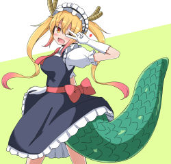 Rule 34 | 1girl, ;d, aikawa ryou, black dress, black hairband, blonde hair, blush, bow, breasts, collared shirt, commentary request, dragon girl, dragon horns, dragon tail, dress, elbow gloves, frilled hairband, frills, from side, gloves, gradient background, green background, hairband, hand up, heart, highres, horns, kobayashi-san chi no maidragon, long hair, looking at viewer, looking to the side, maid headdress, medium breasts, one eye closed, open mouth, puffy short sleeves, puffy sleeves, red bow, red eyes, red hair, scales, shirt, short sleeves, simple background, sleeveless, sleeveless dress, smile, solo, tail, tohru (maidragon), twintails, two-tone background, v over eye, very long hair, white background, white gloves, white shirt