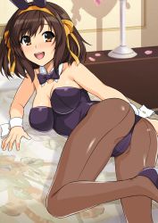Rule 34 | 1girl, ass, bare shoulders, bed, black pantyhose, blush, breasts, brown eyes, brown hair, cameltoe, come hither, detached collar, from behind, hair ribbon, haruhisky, highres, leotard, looking at viewer, looking back, medium breasts, naughty face, open mouth, pantyhose, playboy bunny, rabbit ears, rabbit tail, ribbon, shiny clothes, shiny skin, short hair, smile, solo, suzumiya haruhi, suzumiya haruhi no yuuutsu, tail, wrist cuffs