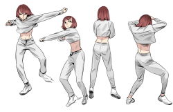 Rule 34 | 1girl, arms up, back, bob cut, breasts, brown eyes, crop top, dancing, drawing, drawstring, from behind, joongchel kim, looking at viewer, medium breasts, midriff, multiple views, navel, open mouth, original, outstretched arm, pants, red hair, shirt, shoes, short hair, simple background, smile, sneakers, white background, white footwear, white legwear, white shirt