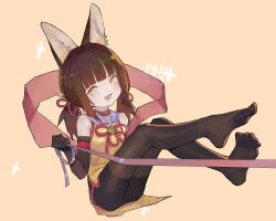 Rule 34 | 1girl, animal ears, black hair, black pantyhose, blunt bangs, daquan wubai, fox ears, gloves, hair ribbon, highres, looking at viewer, low twintails, no shoes, original, pantyhose, ribbon, short hair, simple background, twintails, yellow background