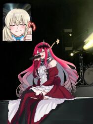 Rule 34 | 2girls, baobhan sith (fate), baobhan sith (first ascension) (fate), bare shoulders, blush, boots, breasts, close-up, closed eyes, crossed legs, detached sleeves, dress, drum, drum set, earrings, fan screaming at madison beer (meme), fate/grand order, fate (series), frilled dress, frills, grey eyes, hair ornament, hair ribbon, hand up, highres, holding, holding microphone, inset, instrument, jewelry, kawairuka ko, long hair, meme, microphone, morgan le fay (fate), mother and daughter, multiple girls, one eye closed, open mouth, photo background, pink hair, pointy ears, red dress, ribbon, sidelocks, sitting, smile, thigh boots, thumbs up, white hair