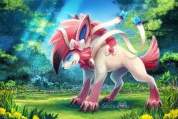 Rule 34 | artist name, blue eyes, blue sky, blurry, bow, claws, collaboration, commentary, creatures (company), day, depth of field, eric proctor, fighting stance, flower, forest, full body, fusion, game freak, gen 6 pokemon, gen 7 pokemon, grass, light particles, light rays, lycanroc, lycanroc (midnight), nature, nintendo, no humans, open mouth, outdoors, pokemon, pokemon (creature), ringed eyes, seoxys6, sharp teeth, signature, sky, standing, sunbeam, sunlight, sylveon, teeth, tree