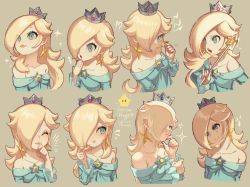Rule 34 | 1girl, blonde hair, blue eyes, blush, brooch, collarbone, crown, crying, crying with eyes open, dress, earrings, hair over one eye, jewelry, mario (series), multiple views, nintendo, nonana (galaxycat89p13), open mouth, red lips, rosalina, smile, solo, sparkle, super mario galaxy, surprised, tan background, tears, wand, yellow background