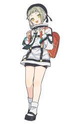 Rule 34 | 1girl, absurdres, backpack, bag, beret, black shorts, full body, green eyes, green hair, hat, highres, jacket, long sleeves, looking at viewer, looking down, milgram, momose amane, open mouth, red bag, short hair, shorts, smile, solo, white background, white jacket, yayoripain
