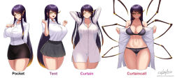 Rule 34 | 1girl, arachne, arms behind head, arthropod girl, bare shoulders, black bra, black hair, black panties, black skirt, blonde hair, bra, breasts, button gap, choker, cleavage, collared shirt, cowboy shot, cropped legs, cslucaris, curtain call challenge (meme), english text, fangs, half-closed eyes, hand up, hands up, highres, insect girl, large breasts, linea alba, long hair, long sleeves, meme, monster girl, multiple views, open clothes, open shirt, original, panties, parted lips, shirt, shirt tucked in, short sleeves, signature, simple background, skirt, smile, spider girl, taur, underwear, very long hair, watermark, web address, white background, white shirt, yellow eyes