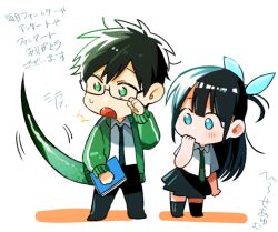 Rule 34 | 1boy, 1girl, ayum k, black hair, black pants, black skirt, black socks, blue bow, blue eyes, book, bow, chibi, collared shirt, covering own mouth, fang, full body, glasses, green hair, green jacket, green necktie, hair bow, hand over own mouth, hand up, holding, holding book, jacket, kneehighs, long hair, long sleeves, looking at another, necktie, no sclera, open clothes, open jacket, open mouth, oshite dame nara oshitemiro!, pants, pleated skirt, shirt, simple background, skirt, snake boy, snake tail, socks, standing, sweatdrop, tail, teacher and student, translation request, white background, white shirt