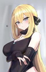 Rule 34 | 1girl, absurdres, anger vein, bare shoulders, black one-piece swimsuit, blonde hair, blue eyes, blurry, blurry background, blush, breasts, bridal gauntlets, cleavage, commentary, creatures (company), cynthia (pokemon), fur collar, fur trim, game freak, hanasaka houcha, highres, jewelry, large breasts, long hair, looking at viewer, necklace, nintendo, one-piece swimsuit, parted lips, pokemon, pokemon dppt, simple background, swimsuit, upper body