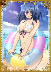Rule 34 | 00s, 1girl, bashoku youjou, bikini, blue hair, breasts, card (medium), cleavage, curvy, female focus, hair ornament, ikkitousen, large breasts, looking at viewer, navel, purple eyes, shiny skin, short twintails, smile, solo, standing, swimsuit, twintails, water