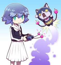 Rule 34 | 1girl, aqua eyes, blue hair, cat, controller, flame-tipped tail, gradient background, haramaki, himekawa fubuki, holding, holding remote control, jetpack, looking at viewer, multiple tails, nollety, non-humanoid robot, notched ear, pleated skirt, remote control, rivets, robonyan, robot, robot animal, robot cat, short hair, skirt, tail, two tails, white skirt, yellow eyes, youkai (youkai watch), youkai watch, youkai watch jam: youkai gakuen y