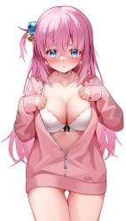 Rule 34 | 1girl, :o, blue eyes, bocchi the rock!, bra, breasts, cleavage, cube hair ornament, gotoh hitori, hair between eyes, hair ornament, highres, jacket, large breasts, long hair, looking at viewer, pink hair, pink jacket, pinki o64, simple background, solo, track jacket, twitter username, underwear, white background, white bra, zipper