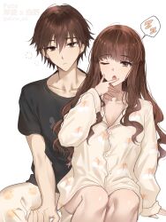 1boy 1girl alternate_costume black_shirt brown_eyes brown_hair buttons collarbone commentary_request fate/extra fate/grand_order fate_(series) highres kirin_e2 kishinami_hakuno_(female) kishinami_hakuno_(male) long_hair long_sleeves looking_at_viewer one_eye_closed open_mouth pajamas shirt short_hair simple_background sleepy sleeves_past_wrists twitter_username wavy_hair white_background zzz