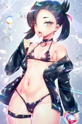 Rule 34 | 1girl, alternate costume, aqua eyes, asymmetrical hair, bare shoulders, bikini, black hair, black jacket, blush, breasts, cameltoe, choker, cleft of venus, commentary request, creatures (company), dress, duplicate, game freak, hair ribbon, highres, jacket, looking at viewer, marnie (pokemon), micro bikini, nail polish, nintendo, o-ring, off-shoulder jacket, off shoulder, pokemon, pokemon swsh, revision, ribbon, silly (marinkomoe), sleeves past wrists, small breasts, solo, swimsuit, tongue, tongue out, twintails, undercut, uvula