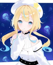 Rule 34 | 1girl, bare shoulders, beret, blonde hair, blue eyes, coat, hand on own chin, hat, highres, jelee-chan, jellyfish, long hair, looking at viewer, low twintails, multicolored hair, off-shoulder coat, off shoulder, sky, star (sky), starry sky, streaked hair, sunchi pinch, twintails, white beret, white coat, yoru no kurage wa oyogenai
