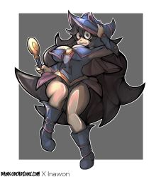 Rule 34 | adjusting clothes, adjusting headwear, armpits, black hair, boots, border, bracer, breasts, cleavage, collaboration, constricted pupils, cosplay, creatures (company), dankodeadzone, dark magician girl (cosplay), full body, game freak, grey background, hat, hex maniac (pokemon), inawon, long hair, looking at viewer, medium breasts, nintendo, open mouth, pokemon, pokemon xy, simple background, staff, white border, wizard hat, yu-gi-oh!