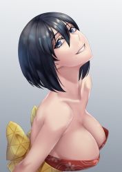 Rule 34 | 1girl, bare shoulders, black hair, blue eyes, breasts, cleavage, collarbone, from side, gradient background, grey background, grin, head tilt, highres, large breasts, looking at viewer, mole, mole under mouth, original, sakuya (liao kj), short hair, smile, solo, strapless, upper body