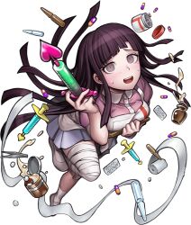 1girl :d apron bandaged_leg bandages black_hair blush bottle breast_press breasts collared_shirt danganronpa_(series) danganronpa_2:_goodbye_despair heart holding holding_syringe large_breasts long_hair looking_at_viewer mole mole_under_eye official_art open_mouth oshiro_project:re pill pink_shirt shirt shoes smile socks solo sweat syringe transparent_background tsumiki_mikan two-tone_shirt white_apron white_shirt