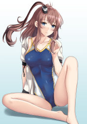Rule 34 | 1girl, bad id, bad pixiv id, blue background, blue eyes, blue one-piece swimsuit, breasts, brown hair, competition swimsuit, feet out of frame, gradient background, hair between eyes, highres, hood, hooded jacket, hoodie, jacket, kantai collection, medium breasts, one-piece swimsuit, open clothes, open jacket, ponytail, saratoga (kancolle), side ponytail, sidelocks, sitting, smokestack, smokestack hair ornament, solo, swimsuit, white jacket, yamato (083)