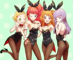 Rule 34 | 4girls, :d, animal ears, artist request, ass, black legwear, blonde hair, blunt bangs, bow, braid, breasts, character request, cleavage, copyright request, detached collar, female focus, fishnet pantyhose, fishnets, green background, green eyes, high heels, long hair, looking at viewer, multiple girls, one eye closed, open mouth, pantyhose, pink eyes, purple eyes, purple hair, rabbit ears, rabbit tail, red bow, red hair, short hair, smile, standing, standing on one leg, tail, waving, wink, wrist cuffs