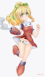 Rule 34 | arm cannon, blonde hair, boots, capcom, clothes lift, dress, dress lift, green eyes, highres, joints, long hair, mega man (classic), mega man (series), panties, ponytail, ribbon, robot joints, roll (mega man), torn clothes, torn panties, underwear, weapon, white background, white panties