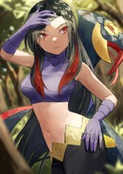 Rule 34 | 1girl, arm up, black hair, black pants, blurry, blurry background, breasts, closed mouth, creatures (company), crop top, depth of field, elbow gloves, facing viewer, fagi (kakikaki), fangs, forest, forked tongue, game freak, gen 3 pokemon, gloves, hand on own hip, long hair, looking to the side, looking up, lucy (pokemon), medium breasts, midriff, multicolored hair, nature, navel, nintendo, pants, pokemon, pokemon (creature), pokemon emerald, pokemon rse, purple gloves, purple shirt, red eyes, red hair, seviper, shirt, sidelocks, sleeveless, sleeveless shirt, stomach, straight hair, streaked hair, tongue, tree, turtleneck, very long hair