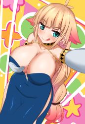 Rule 34 | 1girl, absurdres, antenna hair, aqua eyes, bare shoulders, blonde hair, blue dress, blunt bangs, blush, breasts, commentary, covered navel, demia duodectet, dress, elbow gloves, gloves, gradient hair, highres, ishuzoku reviewers, kirby lord, leaning forward, licking lips, long hair, low-tied long hair, multicolored hair, naughty face, no bra, outstretched arm, pink hair, selfie, sidelocks, solo, standing, tongue, tongue out, very long hair, white gloves