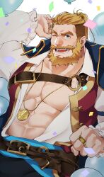 Rule 34 | 1boy, abs, absurdres, balloon, bara, beard, bergamond (crave saga), birthday, chest hair, confetti, crave saga, eyebrow cut, facial hair, highres, jewelry, large pectorals, long hair, looking at viewer, male focus, mature male, muscular, muscular male, necklace, one eye closed, open clothes, open mouth, pectorals, ponytail, ring, smile, solo, thick eyebrows, thick mustache, usuki (usukine1go)