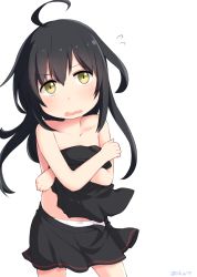 Rule 34 | 1girl, ahoge, black hair, black skirt, commentary request, cowboy shot, flying sweatdrops, holding, holding clothes, kantai collection, long hair, mikazuki (kancolle), okitarou (okiyo), open mouth, pleated skirt, unworn shirt, simple background, skirt, solo, topless, wavy mouth, white background, yellow eyes