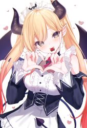 Rule 34 | 1girl, apron, black horns, blonde hair, blush, bow, bowtie, breasts, center frills, cleavage, corset, demon girl, demon horns, demon tail, demon wings, detached sleeves, frills, green eyes, hair between eyes, heart, heart-shaped pupils, heart hands, highres, hololive, horn ornament, horns, kanae (inorin05kanae), lolita fashion, long hair, looking at viewer, maid headdress, makeup, medium breasts, mouth hold, pointy ears, red bow, red bowtie, see-through, see-through cleavage, solo, symbol-shaped pupils, tail, twintails, underbust, virtual youtuber, waist apron, white apron, wings, yuzuki choco, yuzuki choco (maid)