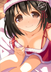 Rule 34 | 10s, 1girl, alternate costume, arm up, bed sheet, black hair, blurry, blush, breasts, brown eyes, commentary request, depth of field, downblouse, dress, embarrassed, from above, haguro (kancolle), hair ornament, highres, kantai collection, looking at viewer, medium breasts, minase kaya, off-shoulder dress, off shoulder, reaching, reaching towards viewer, red dress, santa costume, selfie, short hair, sitting, smile, solo