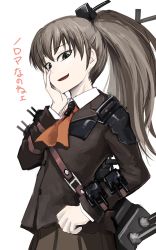 Rule 34 | 10s, 1girl, ascot, belt, brown hair, green eyes, hand on own cheek, hand on own face, hetza (hellshock), kantai collection, kumano (kancolle), long hair, looking at viewer, pale skin, personification, ponytail, simple background, solo, turret, white background